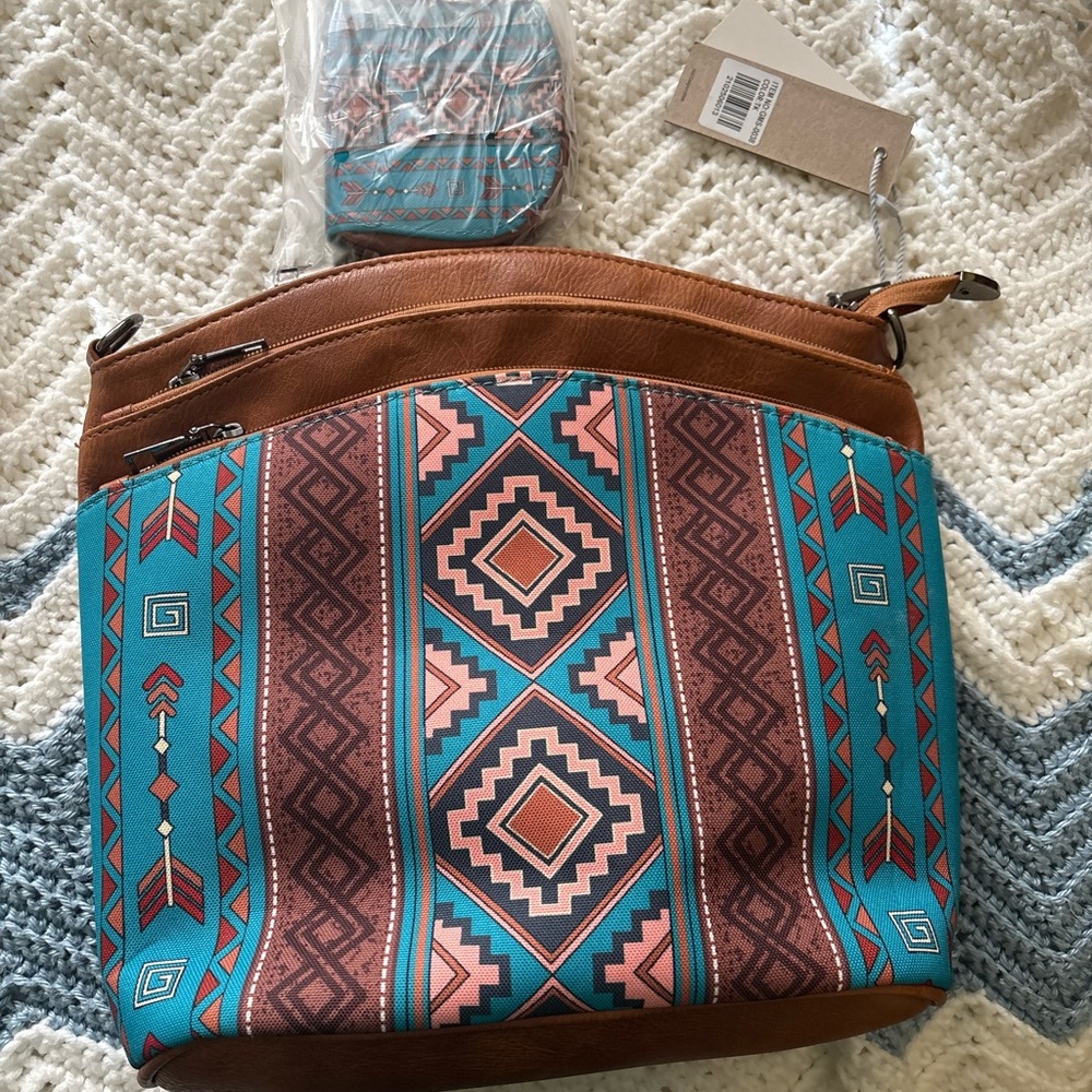 Aztec Patterned Teal and Brown Shoulder Bag